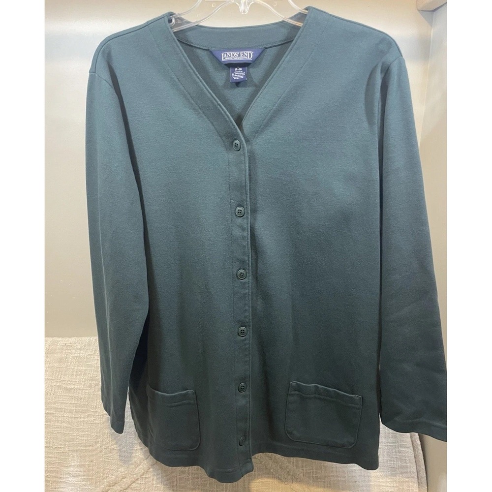 Lands End Hunter Green 100% Cotton Button Front V-Neck Pocket Cardigan Women's L